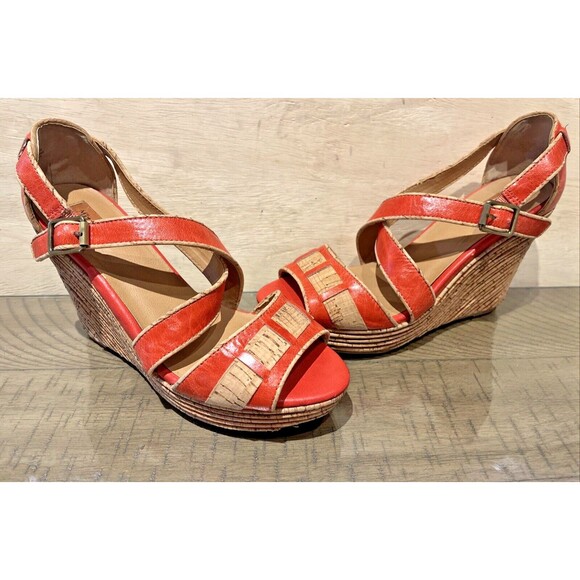 Miz Mooz leather Sandal Heel Wedge Shoes Size 8.5 Orange Kenya Toe Buckle Summer - Picture 1 of 10
